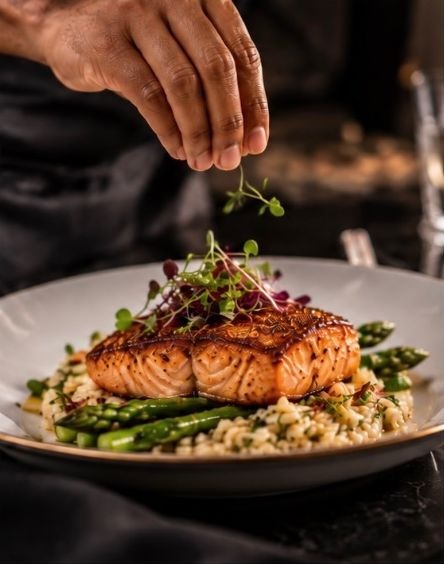 A hand sprinkling microgreens onto a plated salmon fillet with asparagus and rice