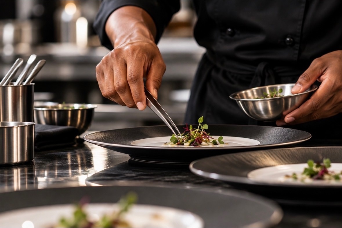 A chef in a black uniform finishing a plated dish with tweezers in a professional kitchen, black plates lined up on the stainless steel counter