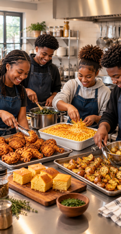 Four young cooks in dark blue aprons behind a stainless steel counter of fried chicken, roasted potatoes, cornbread and a casserole at a Unity in the Kitchen session